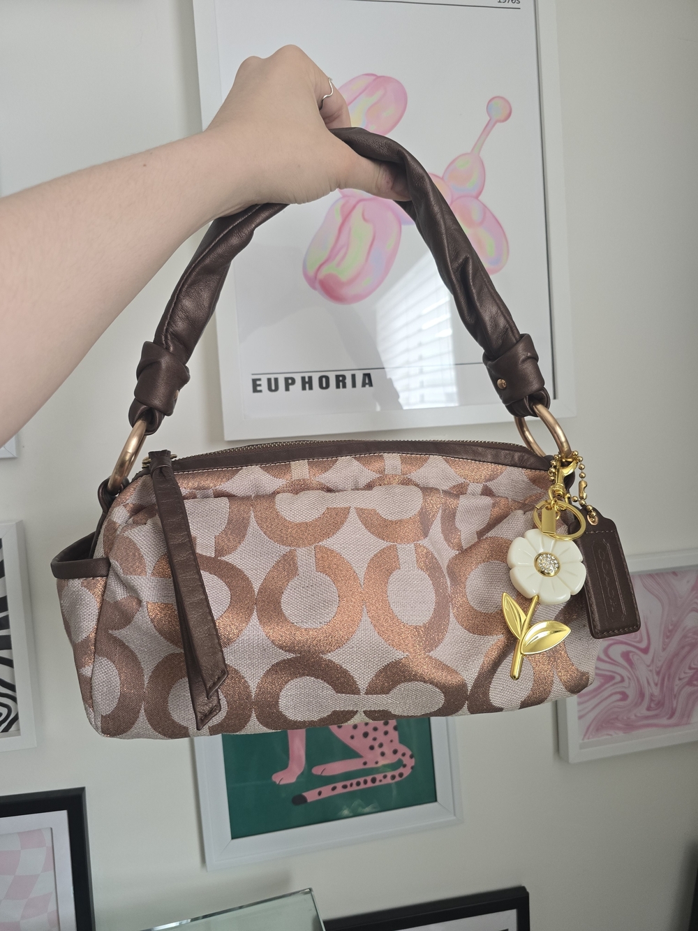 Rare Y2k Coach Parker Op Art Chocolate Brown Metallic Purse W/Daisy Charm